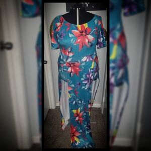 Green and Blue Flutter Sleeve Bodycon Jumpsuit for Resort Wear